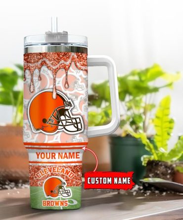 Cleveland Browns Nfl Glitter Custom Stanley Quencher 40Oz Stainless Steel Tumbler With Handle