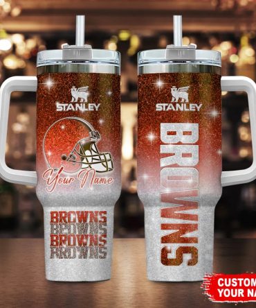 Cleveland Browns Nfl Glitter Custom Stanley Quencher 40Oz Stainless Steel Tumbler With Handle