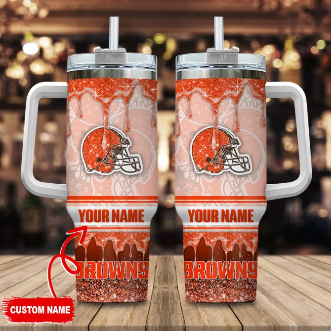 Cleveland Browns Nfl Glitter Custom Stanley Quencher 40Oz Stainless Steel Tumbler With Handle