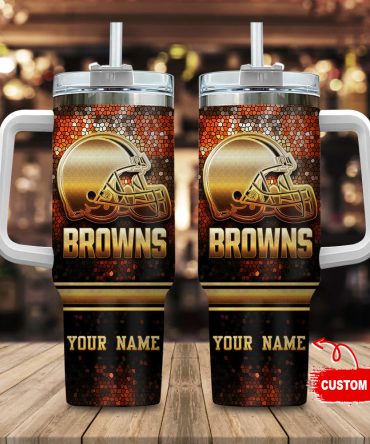 Cleveland Browns Nfl Glitter Golden Logo Custom Stanley Quencher 40Oz Stainless Steel Tumbler With Handle