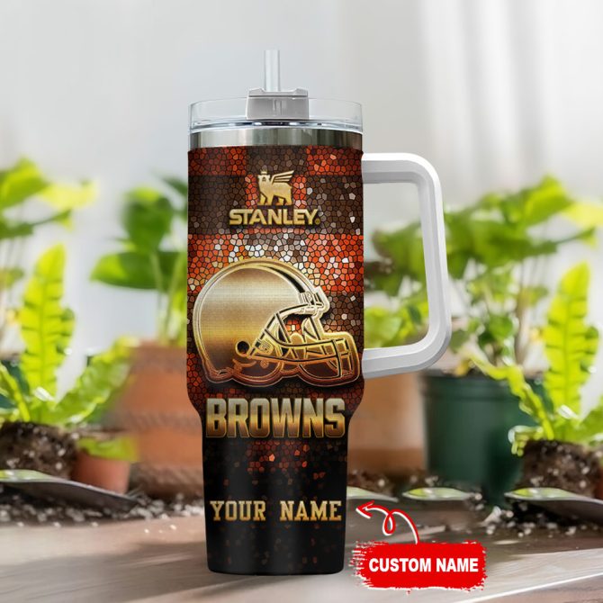 Cleveland Browns Nfl Glitter Golden Logo Custom Stanley Quencher 40Oz Stainless Steel Tumbler With Handle - Image 2
