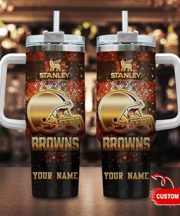 Cleveland Browns Nfl Glitter Golden Logo Custom Stanley Quencher 40Oz Stainless Steel Tumbler With Handle
