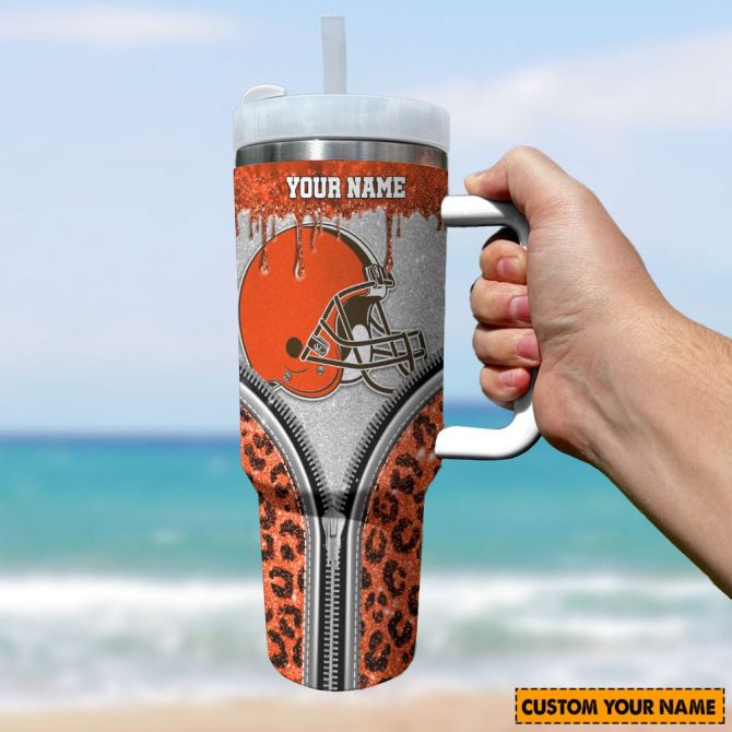Cleveland Browns Nfl Glitter Leopard Print Custom Stanley Quencher 40Oz Stainless Steel Tumbler With Handle - Image 2
