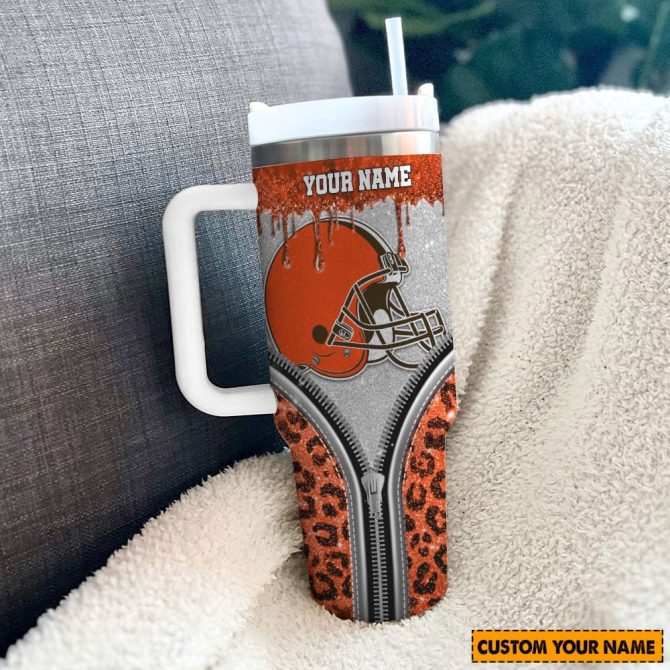 Cleveland Browns Nfl Glitter Leopard Print Custom Stanley Quencher 40Oz Stainless Steel Tumbler With Handle - Image 3