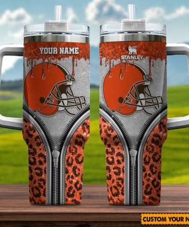 Cleveland Browns Nfl Glitter Leopard Print Custom Stanley Quencher 40Oz Stainless Steel Tumbler With Handle