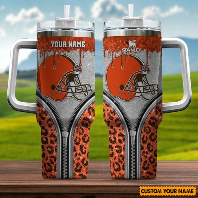 Cleveland Browns Nfl Glitter Leopard Print Custom Stanley Quencher 40Oz Stainless Steel Tumbler With Handle