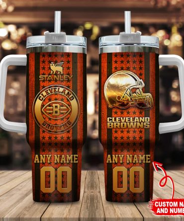 Cleveland Browns Nfl Golden Logos Us Flag Custom Stanley Quencher 40Oz Stainless Steel Tumbler With Handle