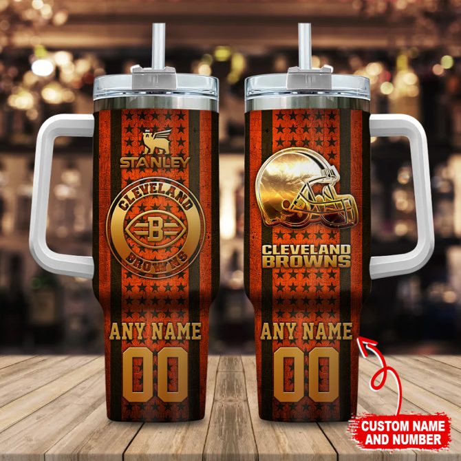 Cleveland Browns Nfl Golden Logos Us Flag Custom Stanley Quencher 40Oz Stainless Steel Tumbler With Handle