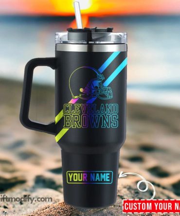 Cleveland Browns Nfl Hologram Logo Custom Stanley Quencher 40Oz Stainless Steel Tumbler With Handle