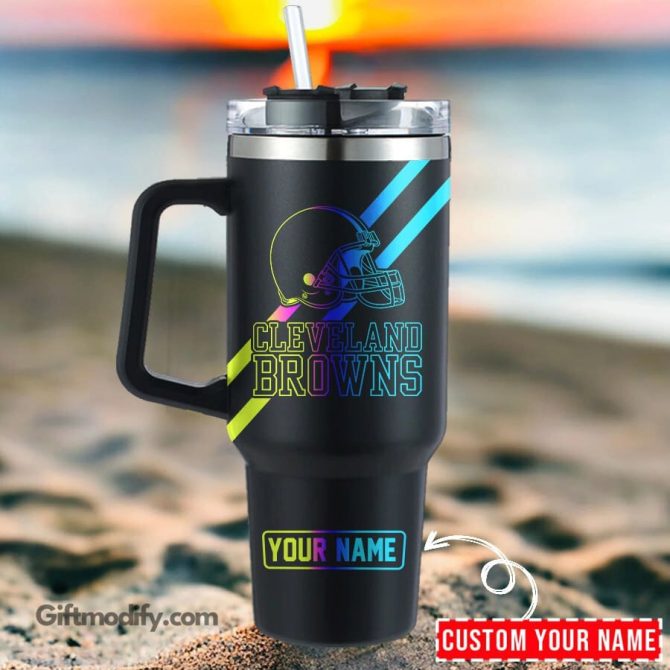Cleveland Browns Nfl Hologram Logo Custom Stanley Quencher 40Oz Stainless Steel Tumbler With Handle