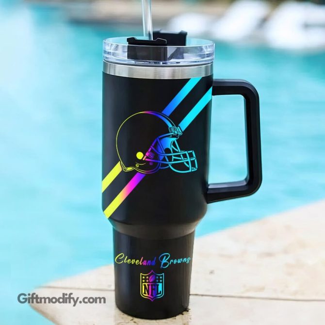Cleveland Browns Nfl Hologram Logo Custom Stanley Quencher 40Oz Stainless Steel Tumbler With Handle - Image 2
