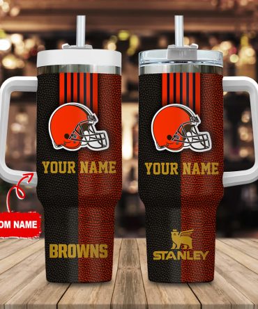 Cleveland Browns Nfl Leather Effect Custom Stanley Quencher 40Oz Stainless Steel Tumbler With Handle