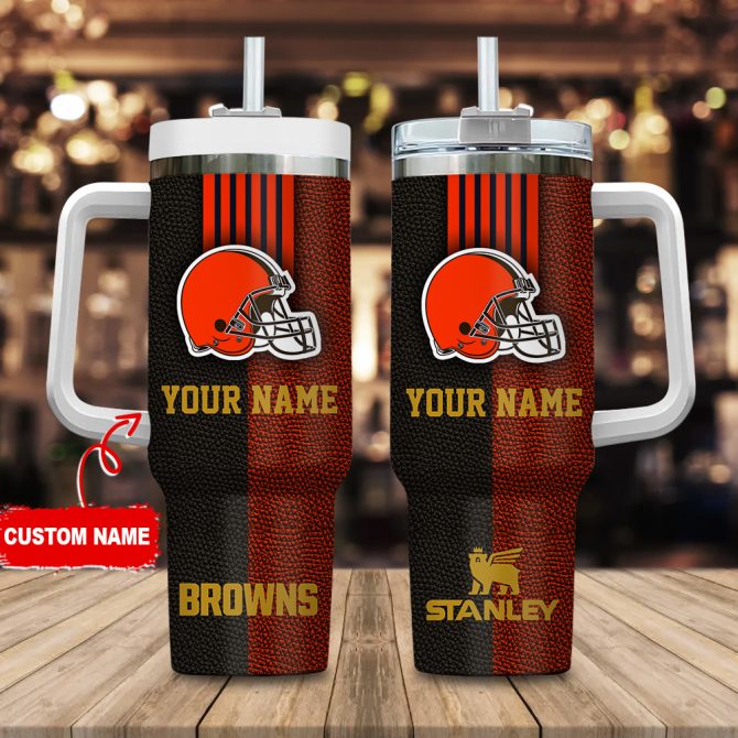 Cleveland Browns Nfl Leather Effect Custom Stanley Quencher 40Oz Stainless Steel Tumbler With Handle