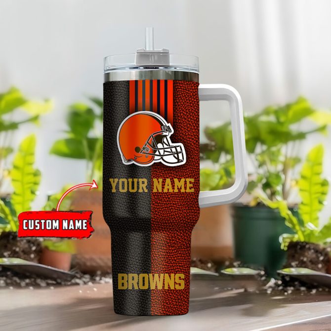 Cleveland Browns Nfl Leather Effect Custom Stanley Quencher 40Oz Stainless Steel Tumbler With Handle - Image 2