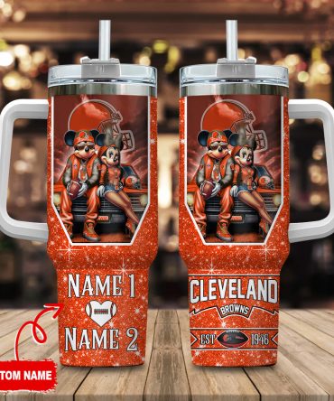 Cleveland Browns Nfl Mickey And Minnie Couple Custom Stanley Quencher 40Oz Stainless Steel Tumbler With Handle