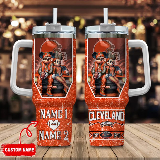 Cleveland Browns Nfl Mickey And Minnie Couple Custom Stanley Quencher 40Oz Stainless Steel Tumbler With Handle