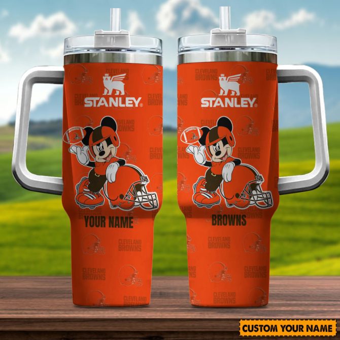 Cleveland Browns Nfl Mickey Mouse Custom Stanley Quencher 40Oz Stainless Steel Tumbler With Handle