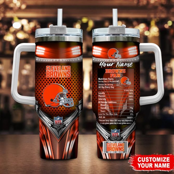 Cleveland Browns Nfl Nutrition Facts Custom Stanley Quencher 40Oz Stainless Steel Tumbler With Handle