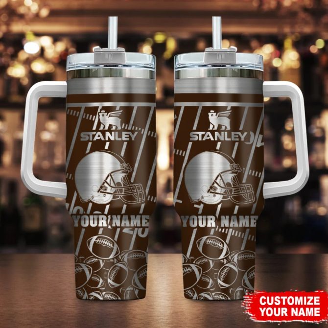Cleveland Browns Nfl Silver Custom Stanley Quencher 40Oz Stainless Steel Tumbler With Handle