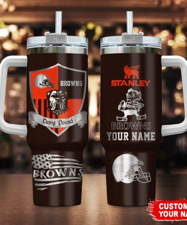 Cleveland Browns Nfl Silver Logo Custom Stanley Quencher 40Oz Stainless Steel Tumbler With Handle
