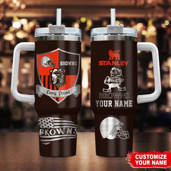 Cleveland Browns Nfl Silver Logo Custom Stanley Quencher 40Oz Stainless Steel Tumbler With Handle