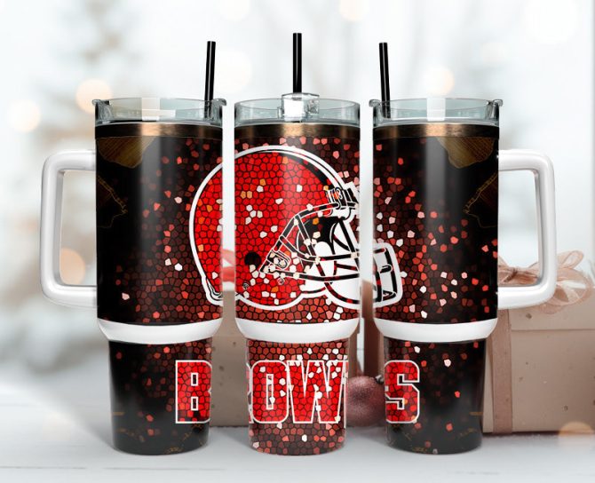 Cleveland Browns Nfl Stained Glass Effect Custom Stanley Quencher 40Oz Stainless Steel Tumbler With Handle
