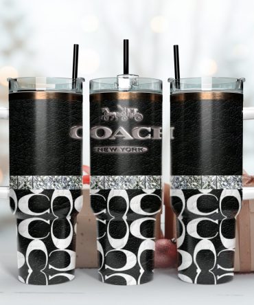 Coach Black Logo Leather Pattern Custom Stanley Quencher 40Oz Stainless Steel Tumbler With Handle