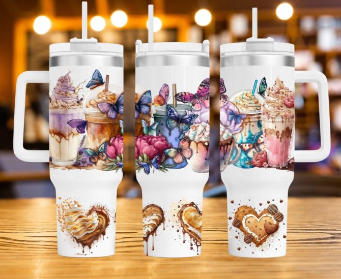 Coffee Latte With Butterflies Custom Stanley Quencher 40Oz Stainless Steel Tumbler With Handle