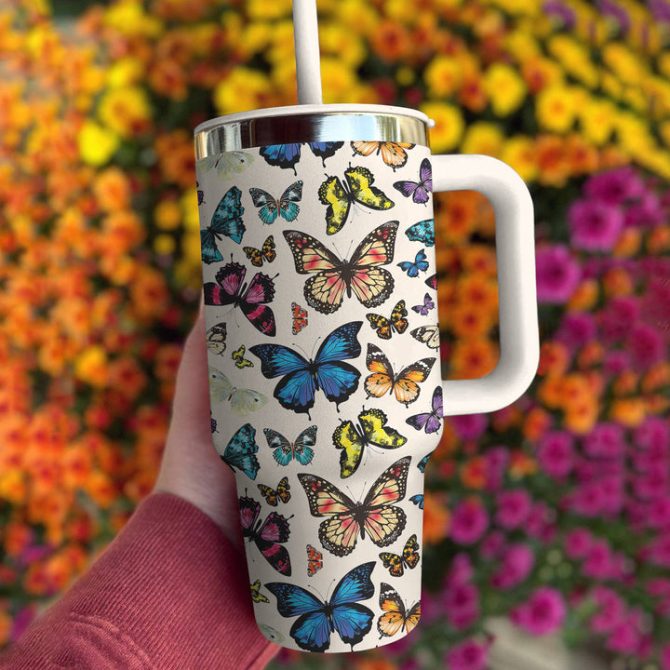 Colorful Butterfly Custom Stanley Quencher 40Oz Stainless Steel