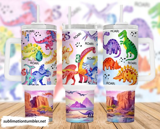 Colorful Dinosaurs Custom Stanley Quencher 40Oz Stainless Steel Tumbler With Handle