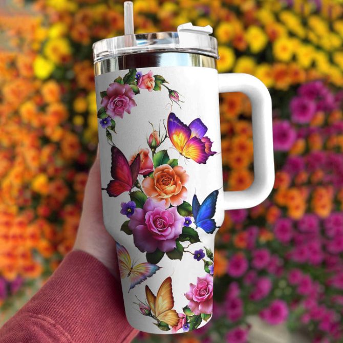 Colorful Floral Butterfly Custom Stanley Quencher 40Oz Stainless Steel - Image 2