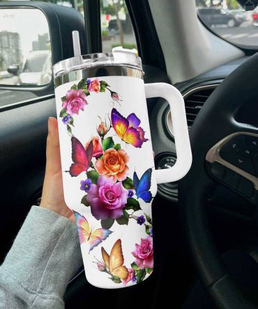 Colorful Floral Butterfly Custom Stanley Quencher 40Oz Stainless Steel