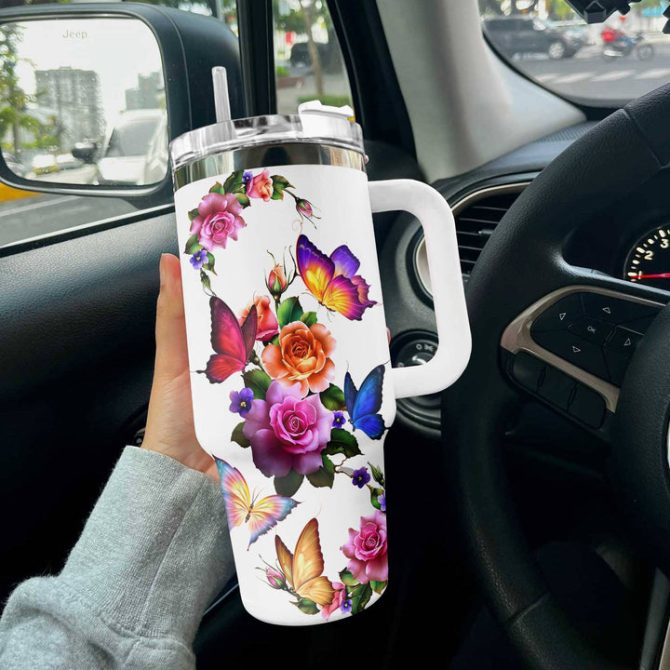 Colorful Floral Butterfly Custom Stanley Quencher 40Oz Stainless Steel