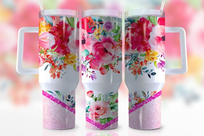 Colorful Flowers Custom Stanley Quencher 40Oz Stainless Steel Tumbler With Handle