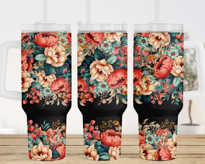 Colorful Flowers Custom Stanley Quencher 40Oz Stainless Steel Tumbler With Handle - Image 3