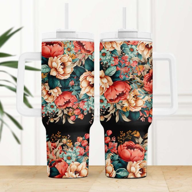 Colorful Flowers Custom Stanley Quencher 40Oz Stainless Steel Tumbler With Handle