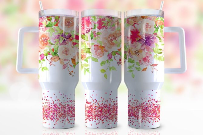 Colorful Flowers Custom Stanley Quencher 40Oz Stainless Steel Tumbler With Handle