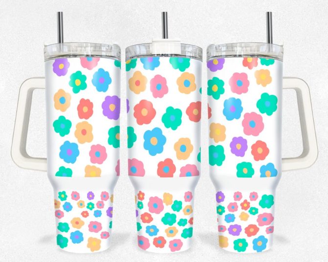 Colorful Flowers Custom Stanley Quencher 40Oz Stainless Steel Tumbler With Handle
