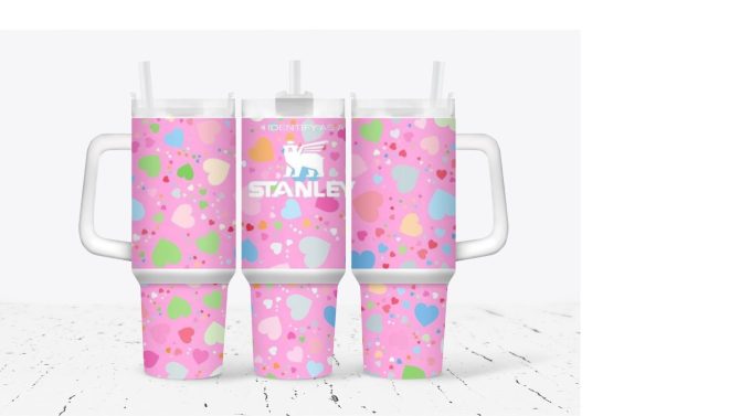 Colorful Heart Valentines Gift Custom Stanley Quencher 40Oz Stainless Steel Tumbler With Handle