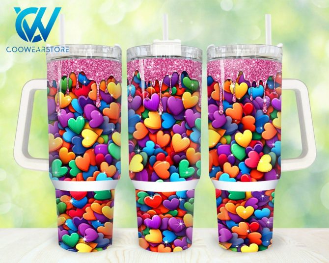 Colorful Hearts Custom Stanley Quencher 40Oz Stainless Steel Tumbler With Handle