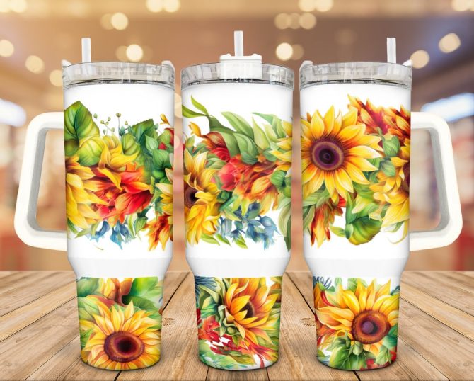 Colorful Sunflower Custom Stanley Quencher 40Oz Stainless Steel Tumbler With Handle