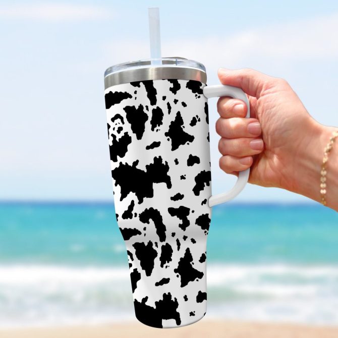 Cow Print Custom Stanley Quencher 40Oz Stainless Steel Tumbler With Handle - Image 3