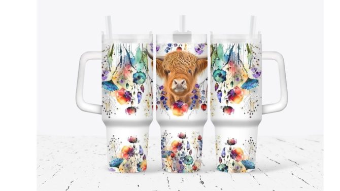 Cow With Flowers Custom Stanley Quencher 40Oz Stainless Steel Tumbler With Handle