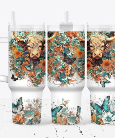 Cow With Flowers Custom Stanley Quencher 40Oz Stainless Steel Tumbler With Handle