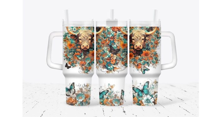 Cow With Flowers Custom Stanley Quencher 40Oz Stainless Steel Tumbler With Handle