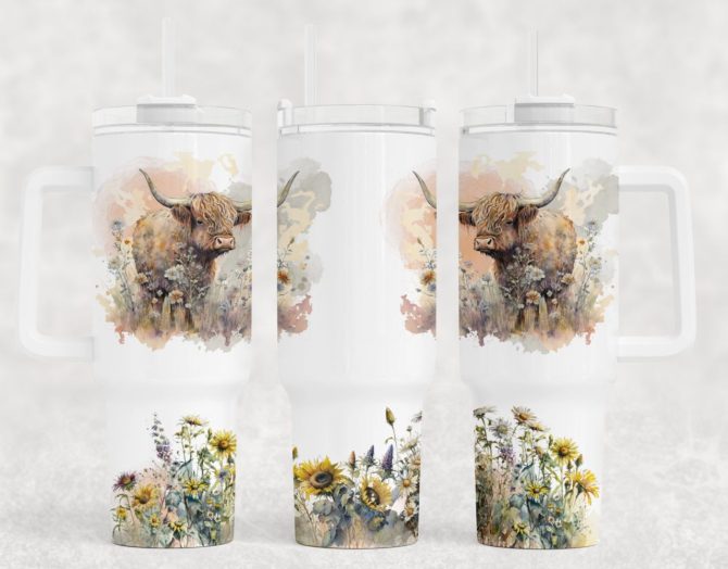 Cow With Flowers Custom Stanley Quencher 40Oz Stainless Steel Tumbler With Handle