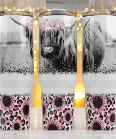 Cow With Pink Flowers Custom Stanley Quencher 40Oz Stainless Steel Tumbler With Handle