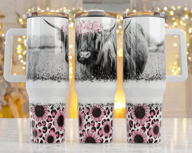 Cow With Pink Flowers Custom Stanley Quencher 40Oz Stainless Steel Tumbler With Handle