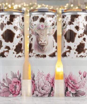 Cow With Pink Flowers Custom Stanley Quencher 40Oz Stainless Steel Tumbler With Handle