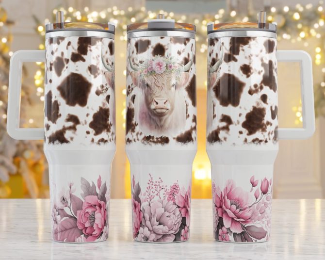 Cow With Pink Flowers Custom Stanley Quencher 40Oz Stainless Steel Tumbler With Handle